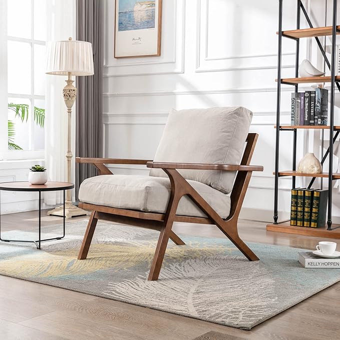 Wahson Mid Century Armchair, Accent Armchair, with Wood Frame and Canvas Cushions, Leisure Slipper Chair for Living Room/Bedroom, Beige-Ruum Studio Home