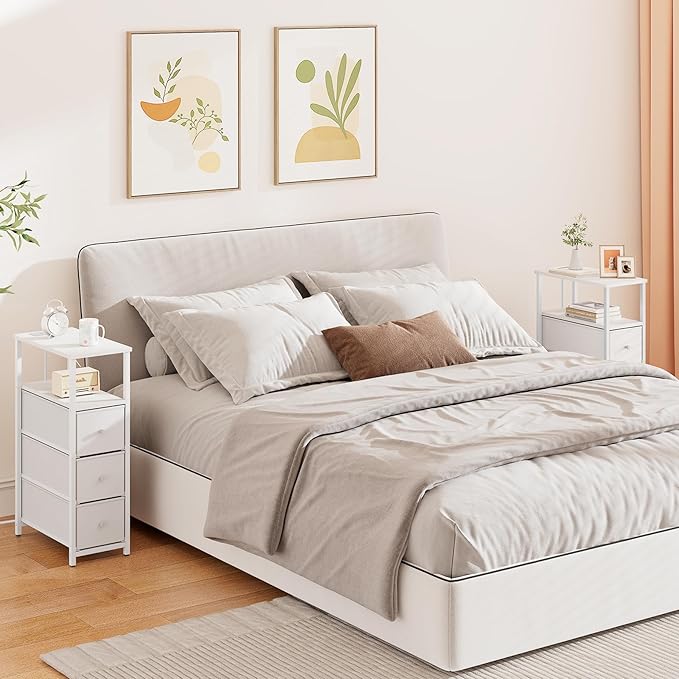TUTOTAK Narrow Night Stand with Charging Station, Slim End Table with Plugins, Tall Side Table with 3 Fabric Drawer, Small Bedside Table with Storage, Set of 2, Living Room, Bedroom, White TB01BW073-Ruum Studio Home