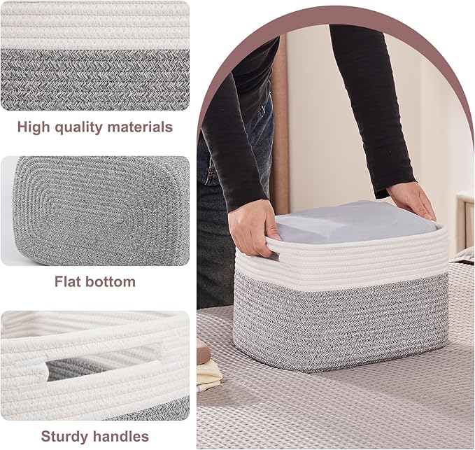 OIAHOMY 4 Pack Storage Baskets for Organizing, Basket for Shelves with Handle, Woven Baskets for Storage Toys, Towels, Books, Cotton Rope Basket 13" L x 9 " W x 7.8 " H, Grey & White-Ruum Studio Home