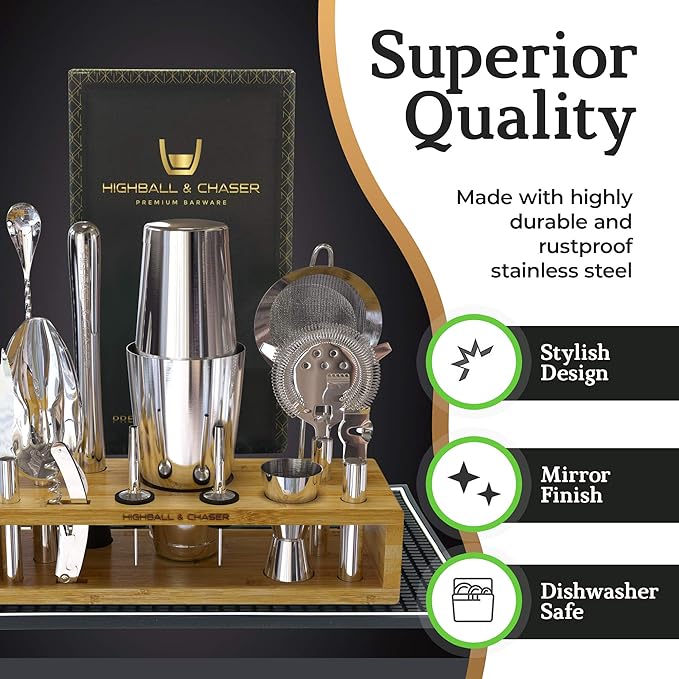 Highball & Chaser 13-Piece Boston Cocktail Shaker Set Stainless Steel Mixology Bartender Kit With Stand For Home Bar Cocktail Set | Laser Engraved Cocktail Tools | Plus E-Book with 30 Cocktail Recipes-Ruum Studio Home