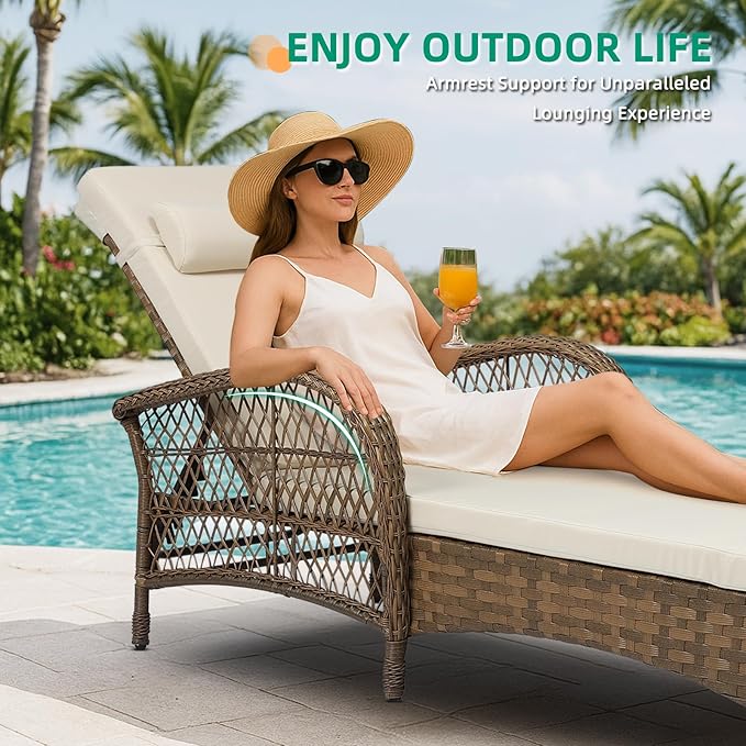 VIVIJASON Outdoor Wicker Chaise Lounge Chair, All-Weather PE Rattan Cushioned Patio Lounger Chair, 6-Position Adjustable Pool Sunbathing Recliner with Armrest & Pillow for Poolside Deck Yard, Beige-Ruum Studio Home