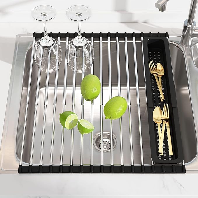 Dish Drying Rack, Roll Up Dryer Rack for Inside Sink, Expandable (12.8"-23.8" D x 15.5" W) 304 Stainless Steel Dish Drainers for Kitchen Counter, Over Sink Cover with Utensil Holder-Ruum Studio Home