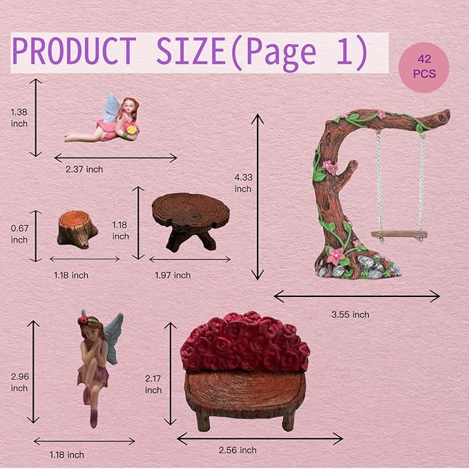 Swing Set of 42 Pcs Miniature Fairy Garden Accessories Outdoor Decor Figurines Kit for Kids, Mini Whimsical Ornaments and Decorations for Patio, House, Garden, Desk, Yard Supplies-Ruum Studio Home