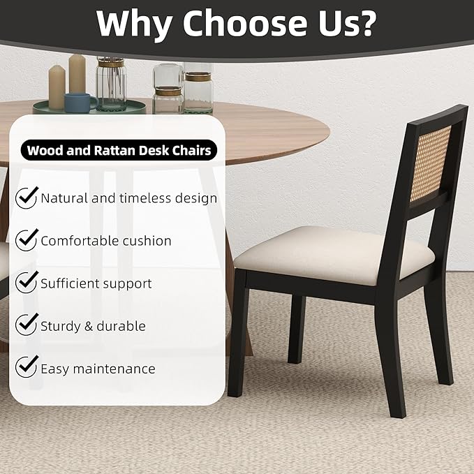 Westice Rattan Dining Chairs Set of 6, Farmhouse Natural Dining Room Chairs with Upholstered Cushion, Wood Armless Chairs for Kitchen/Restaurant, Black-Ruum Studio Home