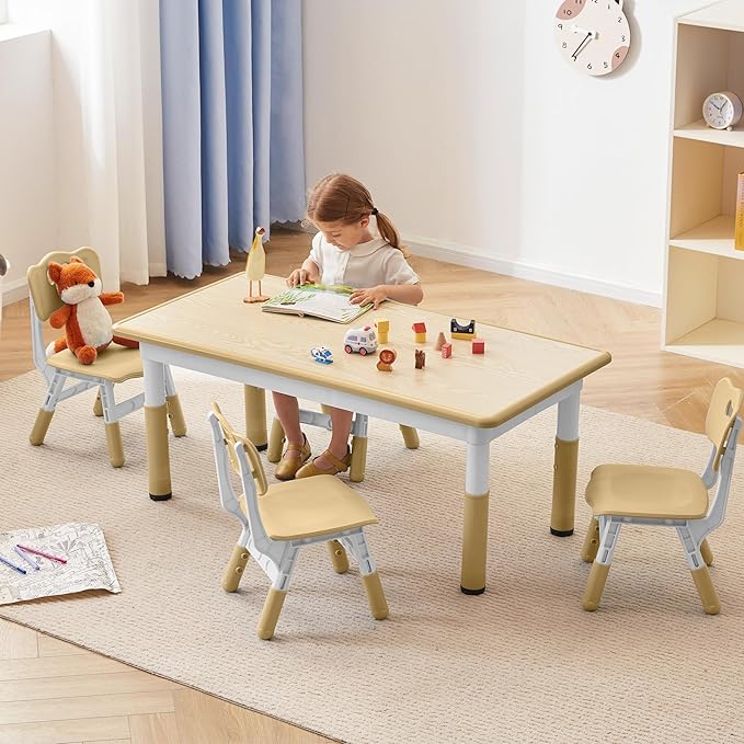 Kids Study Table and Chairs Set, Height Adjustable Toddler Table and Chair Set for Kids Ages 3-8, Graffiti Desktop (Wooden Brown)-Ruum Studio Home