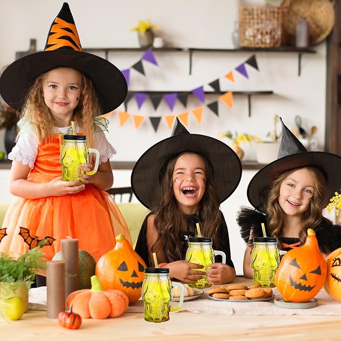 Halloween Cups Set of 4 - Yellow Skull Glass Drinking Jar with Lids and Straws - Halloween Decor, Drinking Glasses 16 oz-Ruum Studio Home