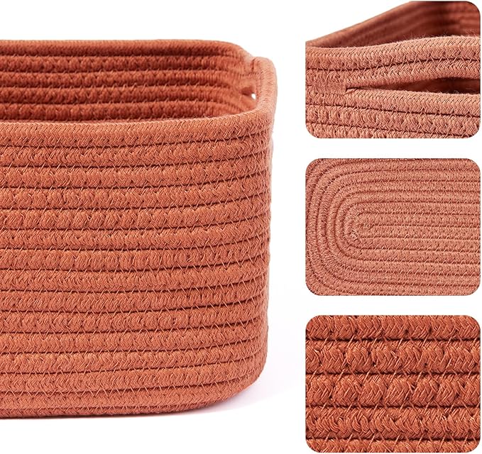Small Storage Baskets for Organizing | Closet Organizer Bins | Shelf Toy Basket | Woven Rope Baskets | Cube Decorative Box | Shallow Basket | 13x8.5x5.1” | 4 Packs Oxide Red-Ruum Studio Home