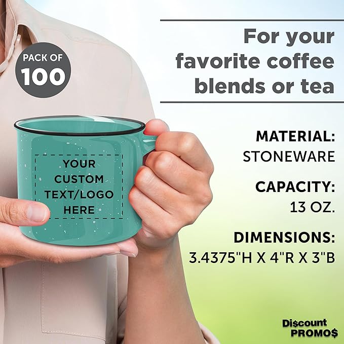 DISCOUNT PROMOS Custom Ceramic Campfire Coffee Mugs 13 oz. Set of 100, Personalized Bulk Pack - Perfect for Tea, Espresso, Cappuccino, Hot Cocoa - Mint-Ruum Studio Home