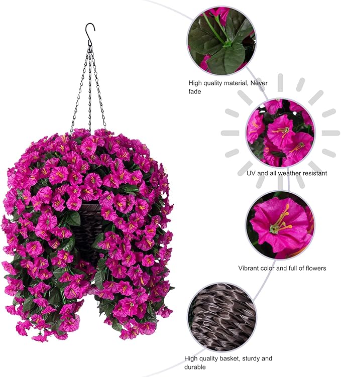 Artificial Fake Hanging Flowers Plants Baskets for Outdoor Outside Decoration, Faux Silk UV Resistant Realistic Fuchsia Morning Glory Planter for Home Porch Patio Balcony Garden Yard-Ruum Studio Home