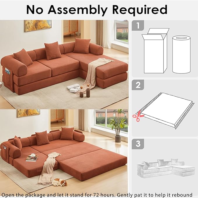 107" Oversized Convertible Sleeper Sofa Bed, Corduroy L Shape Sectional Couch, Folding Sofa Bed with Side Pocket, Modern Cloud Floor Mattress Couch, Modular Sofa for Living Room, Orange-Ruum Studio Home