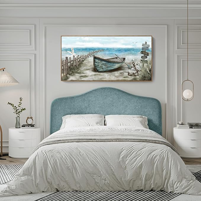 Extra Large Framed Wall Art for Living Room Coastal Décor Rustic Rowboat Canvas Print Big Beach Themed Painting Seagull Vintage Boat Sea Bird Artwork Oversized Blue Teal Seaside Ocean Picture for-Ruum Studio Home