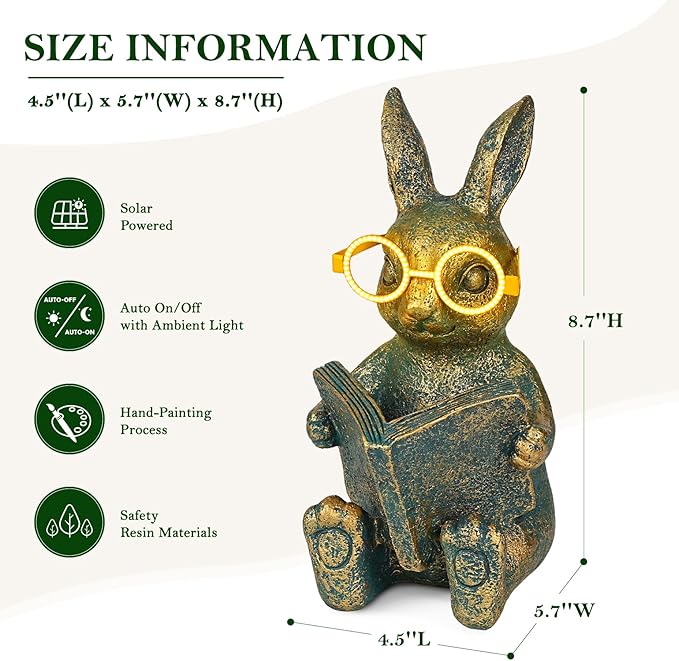 Solar Garden Decor, Adorable Rabbit Statue with Solar-Powered Glasses, Outdoor Decoration Lights for Patio, Yard & Balcony, for Kids, Mom & Grandma-Ruum Studio Home