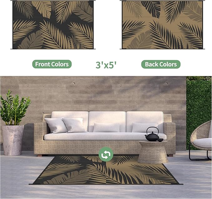 GENIMO Outdoor Rug 3' x 5' Waterproof for Patios Clearance, Reversible Outdoor Plastic Straw Camping Rug Carpet, Large Area Rugs Mats for RV, Camper, Deck, Balcony, Porch, Beach, Picnic, Black&Brown-Ruum Studio Home