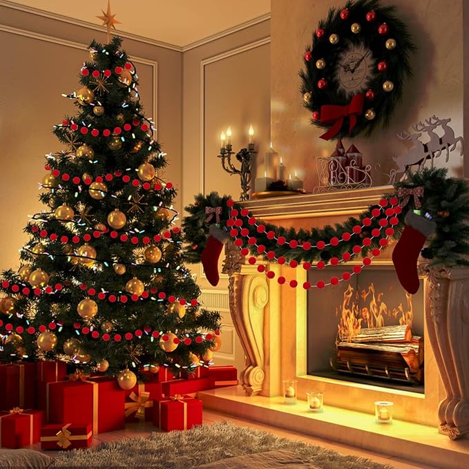 Jishi 3Pk Red Felt Berry Pom Pom Ball Garland Christmas Decorations Indoor Home Decor, Cute Red Berry Christmas Tree Ornaments, String of Pompom Bead Garland Hanging Xmas Holiday Birthday Party Banner-Ruum Studio Home