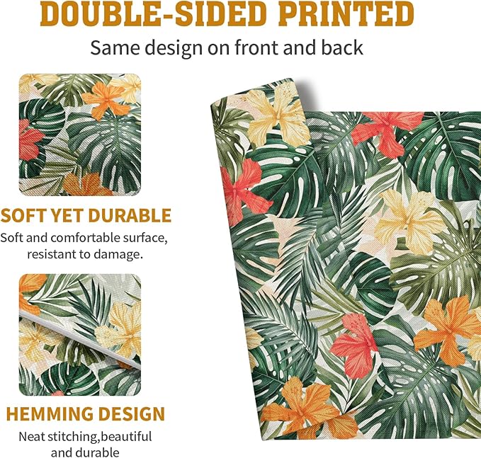 Tropical Palm Leaves Table Mats Set of 4 Summer Watercolor Hibiscus Flower Leaf Placement Mats for Dining Table Washable Non-Slip Heat Resistant Linen Place Mat 12×18 Inch-Ruum Studio Home