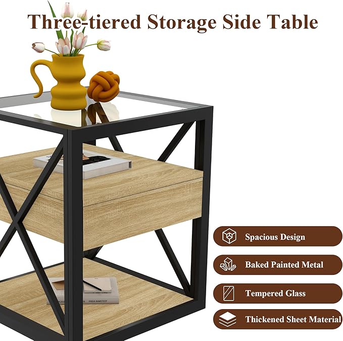 Farmhouse End Table Set of 2, Modern Side Table with Drawer&3-Tier Storage Shelf, Square Rustic Nightstand, Accent Tea Table, for Bedroom Office Living Room, Brown, Natural Wood, Glass, Metal-Ruum Studio Home