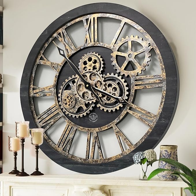 The Gears Clock The Original Real Moving Gear Wall Clock Vintage Industrial Oversized Rustic Farmhouse (24 inch (60cm), Vintage Black Wood and Bronze)-Ruum Studio Home
