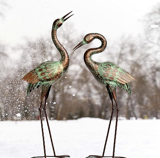 Shorayn Garden Crane Statues, Blue Heron Sculptures for Outdoor, Cranes Decor Metal Bird, Patina Garden Art Lawn Ornaments for Yard Patio Porch Outside Decorations-Ruum Studio Home