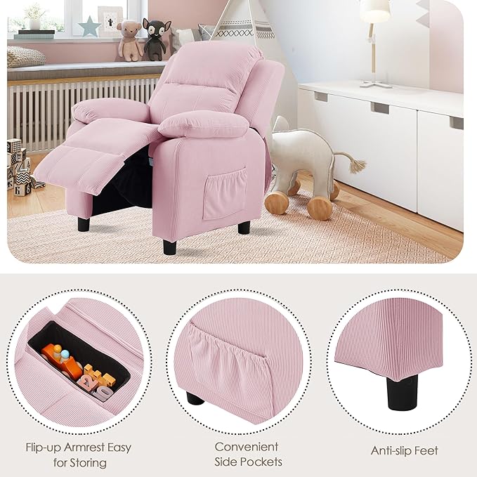 Ulax furniture Corduroy Kids Recliner Chair, Toddler Armrest Sofa Couch, Ergonomic Adjustable Lounge Sofa with Footrest, Padded Backrest, Storage Arms, Pink Recliner for Girls and Boys-Ruum Studio Home