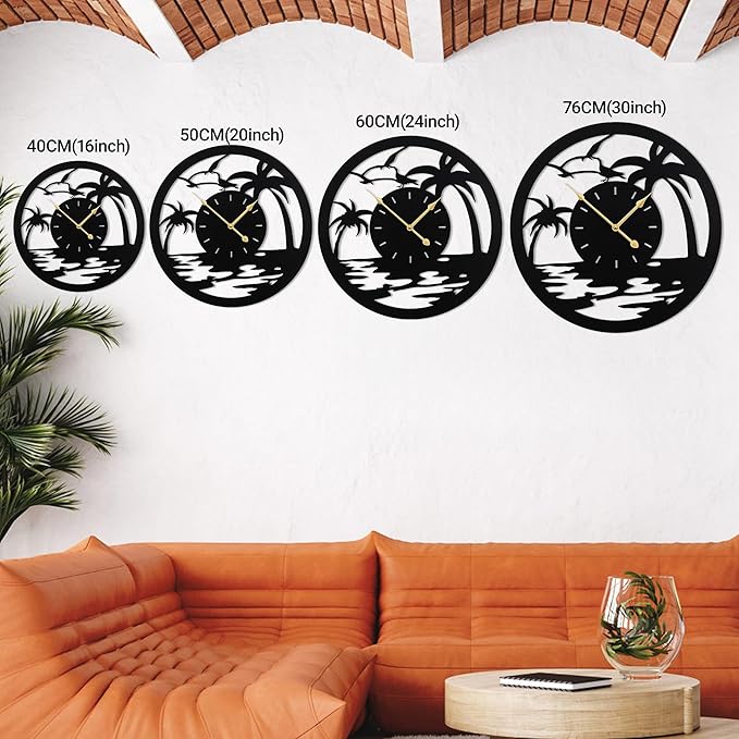 20inches/50cm Wall Clocks Palm Tree Battery Powered No Ticking Silent Round Black Modern Unique Metal Wall Clocks Suitable Living Room Kitchen Bedroom Fireplace Office Farmhouse。-Ruum Studio Home