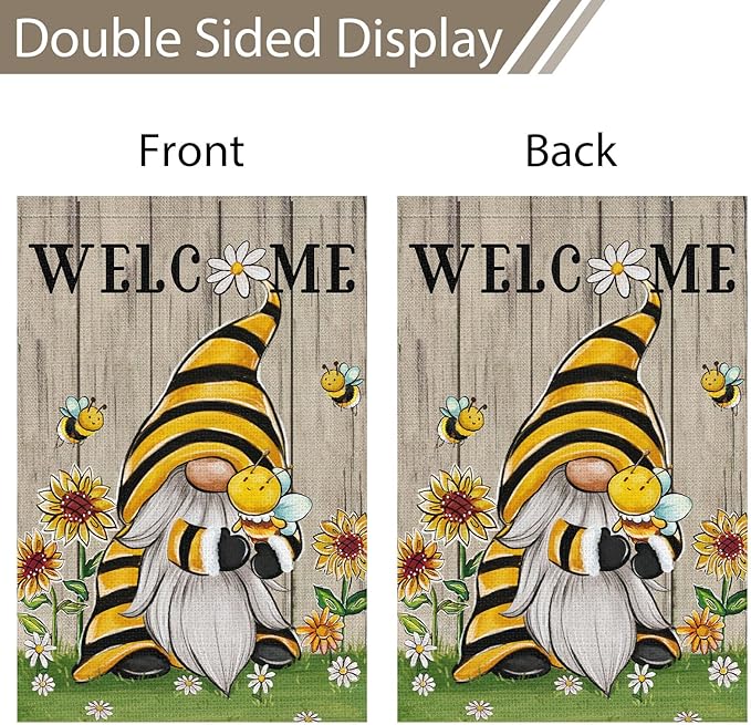 Welcome Summer Gnome Garden Flag Spring Summer Bee Sunflower Yard Flag 12x18 Double Sided Burlap Daisy House Flag for Rustic Seasonal Outside Outdoor House Decoration (ONLY FLAG)-Ruum Studio Home