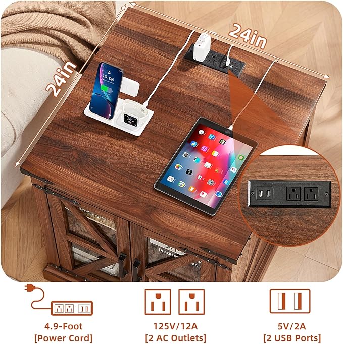 24" End Table with Charging Station, Farmhouse Night Stand with Glass Barn Door, Green Nightstands with Adjustable Storage Shelf, Large Wood Square Bed Side Table for Living Room, Bedroom-Ruum Studio Home