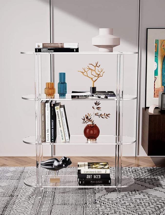 Clear Bookshelf, Acrylic Bookcase with Open Book Shelf Console Table for Entryway Office Living Room Bedroom (4 Tier Clear)-Ruum Studio Home