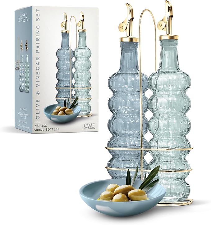 COOK WITH COLOR Glass Olive Oil Bottle Dispenser - 2 Pack- 17oz Oil and Vinegar Cruet - Olive Oil Carafe Decanter for Kitchen-Ruum Studio Home
