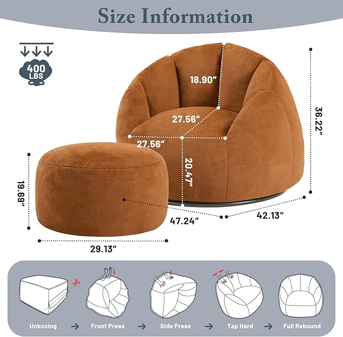 Giant Bean Bag Swivel Chair for Adults - Comfy Plush Round Shell Soft Accent Chaise Lounge Indoor Chair, Oversized Cozy Floor Sofa for Living Room, Bedroom & Game Rooms, Orange-Ruum Studio Home