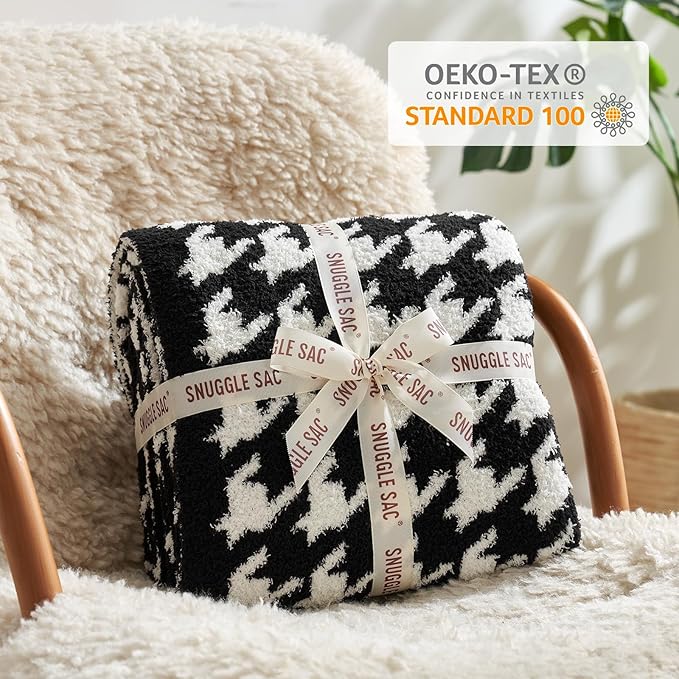 Snuggle Sac Houndstooth Throw Blanket for Couch, Reversible Super Soft Warm Blankets Cozy Knit Fuzzy Plush Lightweight Throws for Sofa, Bed, Camping, Black,50x60 inches-Ruum Studio Home