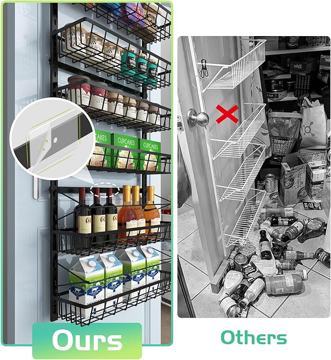 Over The Door Pantry Organizer, Pantry Storage and Organization, 6-Tier Adjustable Hanging Baskets, Metal Wall Mount Spice Rack Seasoning Shelves for Home & Kitchen, Laundry Bathroom - Black-Ruum Studio Home