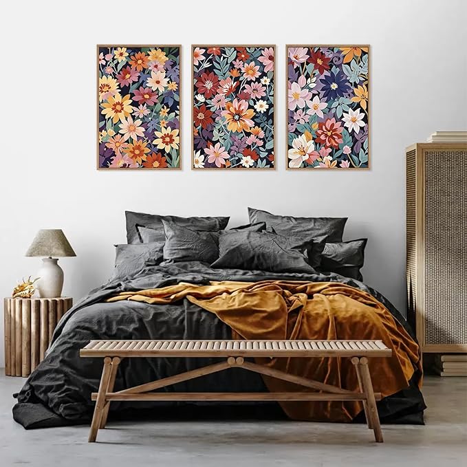 HLNIUC Boho Floral Framed Canvas Wall Art,Colorful Wildflower Landscape Wall Decor Set of 3(16”x24”)Rustic Bohemian Style Flower Art Print,Modern Botanical Floral Wall Painting for Living Room Bedroom-Ruum Studio Home