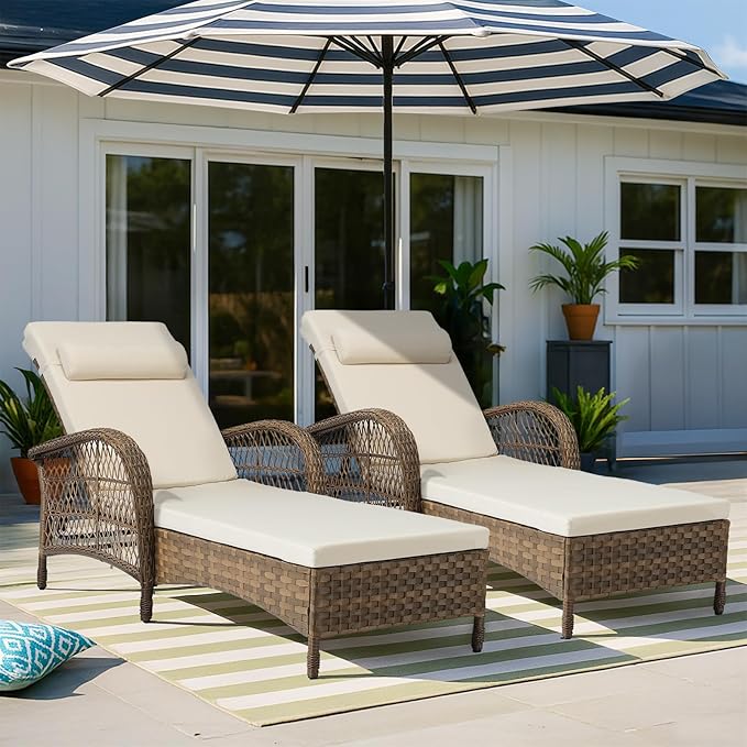 VIVIJASON Outdoor Wicker Chaise Lounge Chair Set of 2, All-Weather PE Rattan Cushioned Patio Lounger Chairs, 6-Position Adjustable Outside Pool Sunbathing Recliner with Armrest & Pillow, Beige-Ruum Studio Home