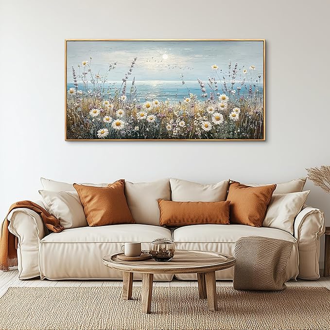 PHAOHUAXM Wall Decor For Living Room Wall Art For Bedroom Office Decorations Blue Ocean Paintings Flowers Watercolour Wall Pictures Canvas Artworks Home Decor Ready To Hang Wood Framed 20x40 In-Ruum Studio Home