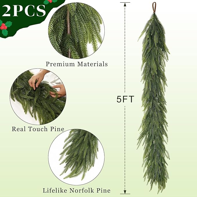 5FT Christmas Norfolk Pine Garland -2PCS, Artificial Pine Needles Garlands Faux Greenery Fake Garland for Holiday Fireplace,Table,Window,Stairs,Mante,Indoor Outdoor Decor-Ruum Studio Home