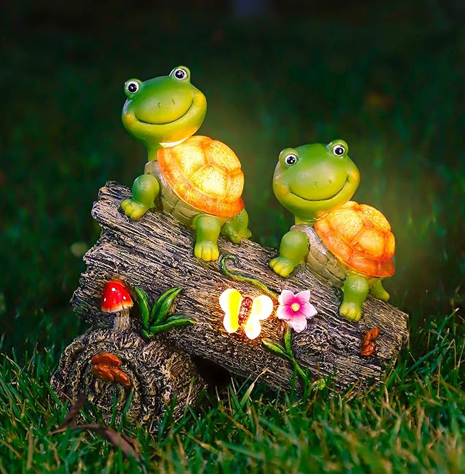 Garden Turtle Figurines Outdoor Decorations, Solar Powered Sweet Frog Face Turtles Resin Statue with 4 LED Lights, Garden Art Spring Fall Winter Christmas Decor for Patio Lawn Yard-Ruum Studio Home