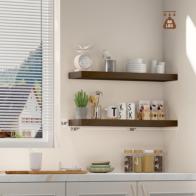 Wood Floating Shelves for Wall 36” x 8”x 1.4” Shelf Floating Rustic Farmhouse Decor, Heavy Duty Shelf Hold 80 lbs, Wall Shelves for Bathroom Living Room Kitchen Bedroom Office, 2 Packs Walnut-Ruum Studio Home