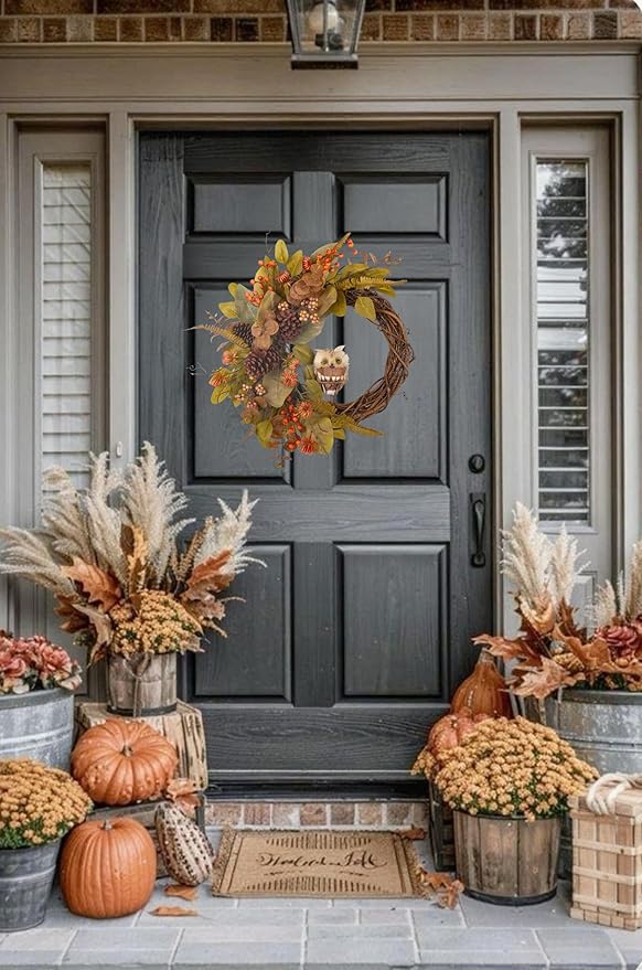 Fall Owl Wreath for Front Door 24 Inch, Autumn Natural Pine Cones Faux Eucalyptus Magnolia Leaf Berry Wreath, Fall Decor for Home Farmhouse Door Wall Window Porch Indoor/Outdoor-Ruum Studio Home