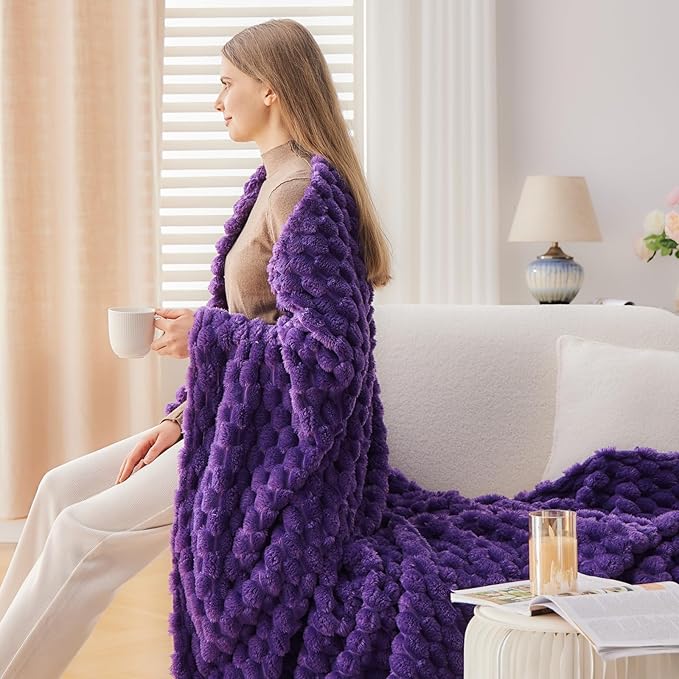 NEWCOSPLAY Super Soft King Blanket Purple Premium Silky Flannel Fleece 3D Clouds Stylish Jacquard Lightweight Bed Blanket All Season Use 350GSM (Purple, King(90"x110"))-Ruum Studio Home