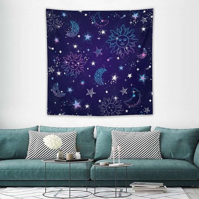 HZOHNAGO Boho Sun Moon Tapestry Purple Blue Sun Stars Galaxy Pattern Printed Wall Tapestry Wall Hanging for Bedroom Living Room Dorm 60" W x 60" H-Ruum Studio Home