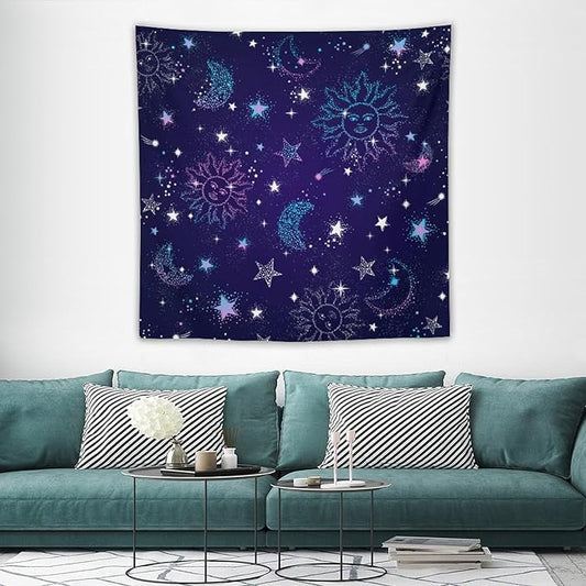 HZOHNAGO Boho Sun Moon Tapestry Purple Blue Sun Stars Galaxy Pattern Printed Wall Tapestry Wall Hanging for Bedroom Living Room Dorm 60" W x 60" H-Ruum Studio Home