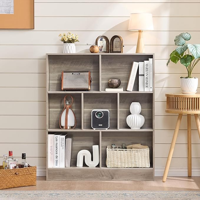 LEYAOYAO 7 Cube Bookshelf with Base,3 Tier Mid-Century Modern Grey Bookcase,Standing Wide Bookshelves Storage Organizer Shelf,Rustic Wood Display Cabinet Book Shelves for Bedroom,Living Room,Office-Ruum Studio Home