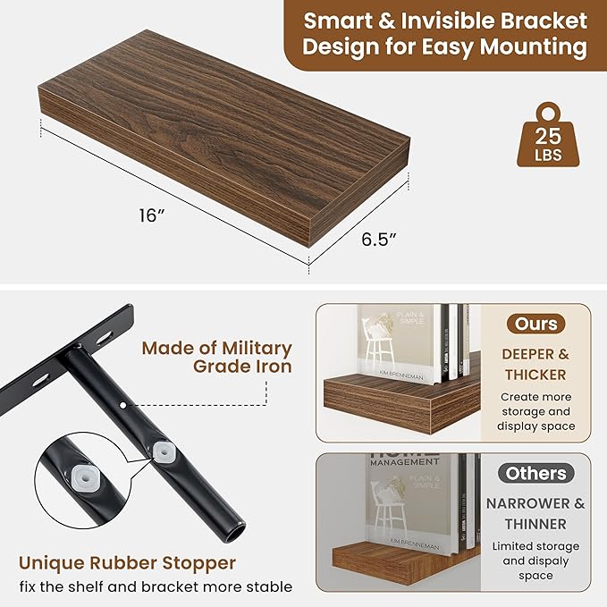 fuqing Floating Shelves for Wall, Bathroom Shelf Wall Mounted for Storage, Shelves with Invisible Bracket for Bedroom, Kitchen, Living Room, Farmhouse Small Book Shelf, 16 Inch Set of 2, Walnut-Ruum Studio Home