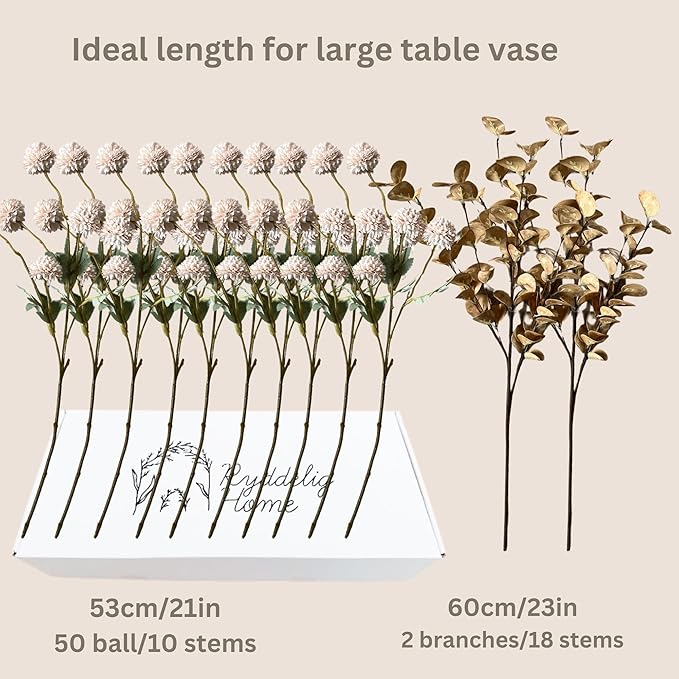 Beige Fake Flowers Silk 10 Stems With Eucalyptus, Faux Flowers For Vase, Artificial Mums Long Stem, Mini Faux Mums Flower Bulk, Tan Nude Cream Neutral Floral, Chrysanthemum Pom Pom Floral Arrangements-Ruum Studio Home