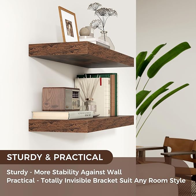 Floating Shelves - 2 Large Wall Mounted Shelves with Invisible Brackets, Long Wood Floating Wall Shelf for Living Room, Bedroom, Kitchen, (Brown, 24" W x 9" D x 1.5" H)-Ruum Studio Home