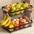 2 Tier Fruit Basket for Kitchen Counter with 2 Banana Hangers, 2025 Pro Detachable Metal Fruit Bowl with Wooden Handle,Fruit Holder for Bread Snack Veggies, Brown-Ruum Studio Home
