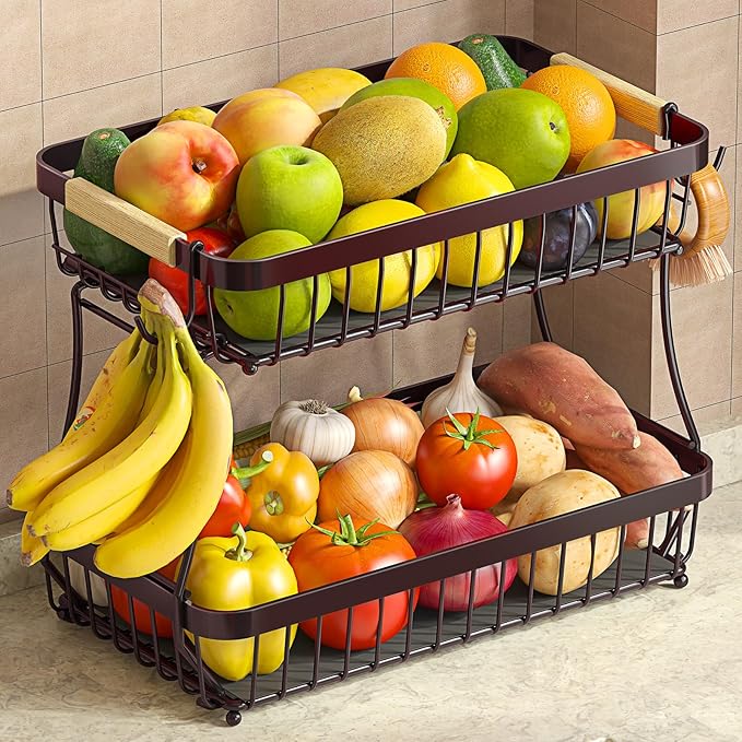 2 Tier Fruit Basket for Kitchen Counter with 2 Banana Hangers, 2025 Pro Detachable Metal Fruit Bowl with Wooden Handle,Fruit Holder for Bread Snack Veggies, Brown-Ruum Studio Home