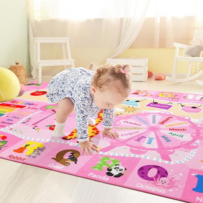 Kids Rugs for Playroom Bedroom Classroom Nursery, Non-Slip and Washable Rugs for Children Toddlers Girls, Educational and Fun Rug Carpets with ABC Alphabet Animals Shapes, 5x7, Pink-Ruum Studio Home
