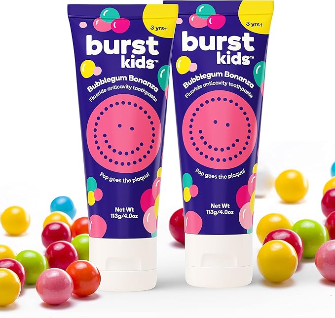 BURST Bubblegum Bonanza Kids Toothpaste with Fluoride (4oz/2 Pack) | Great Tasting Flavored for Children & Toddlers | Anticavity | Dye Free & Vegan | Safe for Kids Ages 2+-Ruum Studio Home