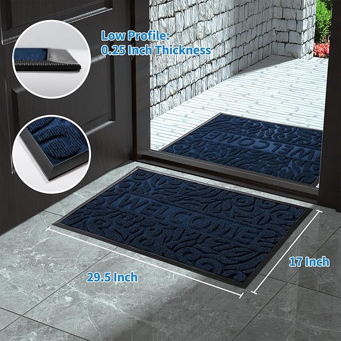 Yimobra Welcome Door Mat Outdoor Indoor, Non Slip Front Doormats, Heavy Duty Rubber Backing, Low-Profile Entrance Mat, Absorbent Resist Dirt, Easy Clean Patio Garage Floor Mats, 29.5 x 17, Blue-Ruum Studio Home